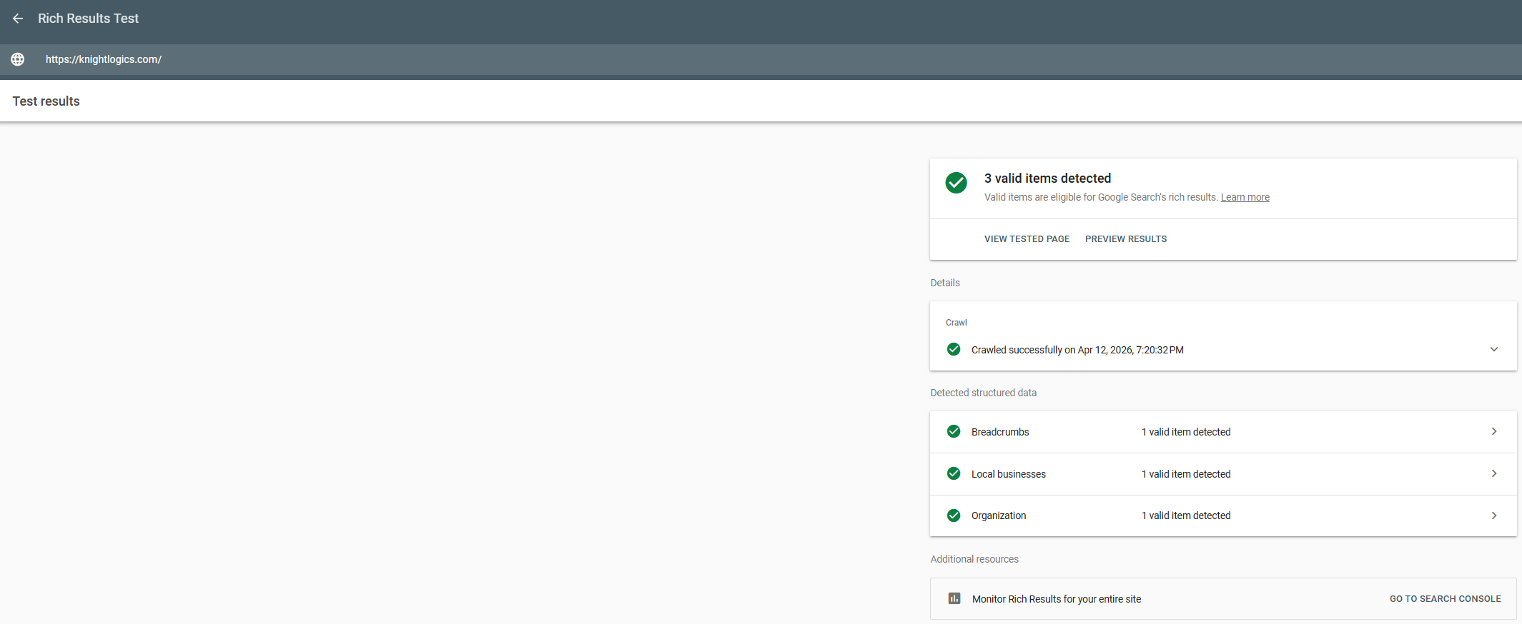 Knight Logics Rich Results snapshot panel